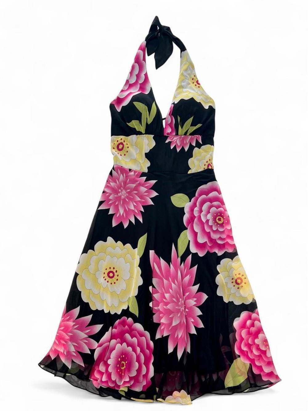 Floral Halter Backless Midi Dress Caché - Black with Pink & Yellow Blooms - Picture 4 of 7